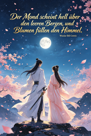 Der Mond scheint hell über den leeren Bergen, und Blumen füllen den Himmel